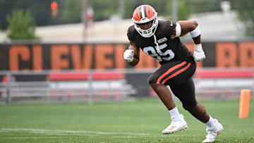 Aug 5, 2024; Cleveland Browns defensive end Myles Garrett (95) during practice at the Browns training facility in Berea, Ohio. Mandatory Credit: Bob Donnan-Imagn Images