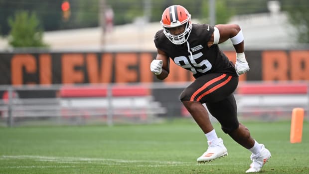 Aug 5, 2024; Cleveland Browns defensive end Myles Garrett (95) during practice at the Browns training facility in Berea, Ohio