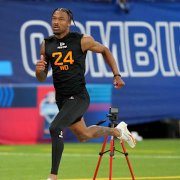 Mar 1, 2025; Indianapolis, IN, USA; Oregon wideout Tez Johnson (WO24) during the 2025 NFL Combine at Lucas Oil Stadium. Mandatory Credit: Kirby Lee-Imagn Images