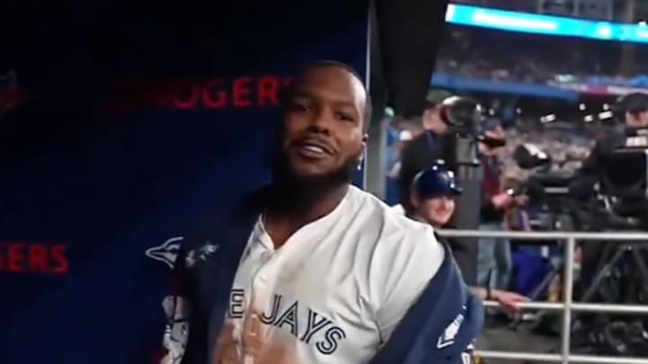 Guerrero Jr. in the dugout after hitting a home run. 