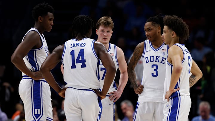 Sion James, Patrick Ngongba II, Isaiah Evans, Tyrese Proctor, Kon Knueppel; North Carolina v Duke