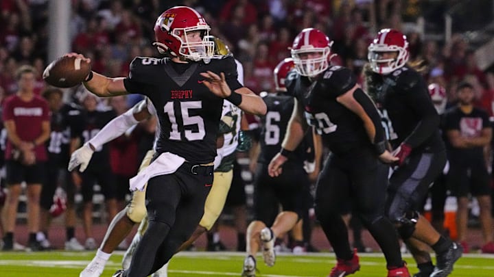 Brophy Prep quarterback throws a pass against Basha during a game at Central High School in Phoenix on Aug. 28, 2025.