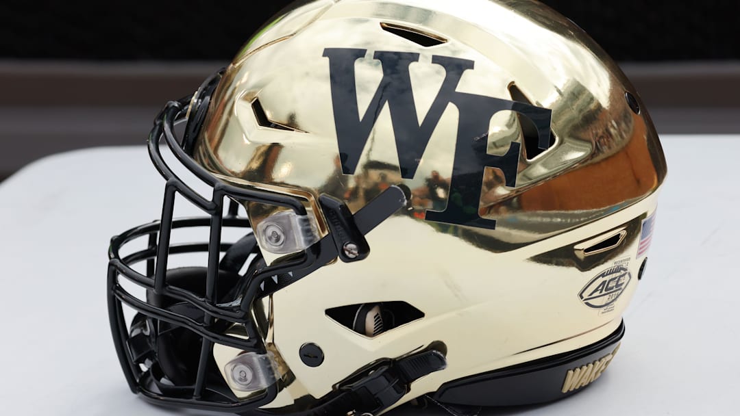 Sep 24, 2022; Winston-Salem, North Carolina, USA;  A Wake Forest Demon Deacons helmet on the sidelines during the first quarter against the Clemson Tigers at Truist Field. Mandatory Credit: Reinhold Matay-Imagn Images