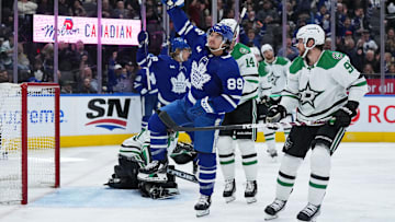 Oct 20, 2022; Toronto, Ontario, CAN; Toronto Maple Leafs left wing Nicholas Robertson (89) scores a goal against the Dallas Stars during the third period at Scotiabank Arena. Mandatory Credit: Nick Turchiaro-Imagn Images