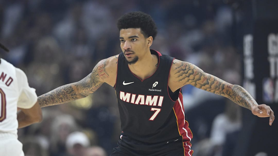Apr 23, 2025; Cleveland, Ohio, USA; Miami Heat center Kel'el Ware (7) defends Cleveland Cavaliers guard Darius Garland (10) in the first quarter of game two of the first round of the 2025 NBA Playoffs at Rocket Arena. Mandatory Credit: David Richard-Imagn Images