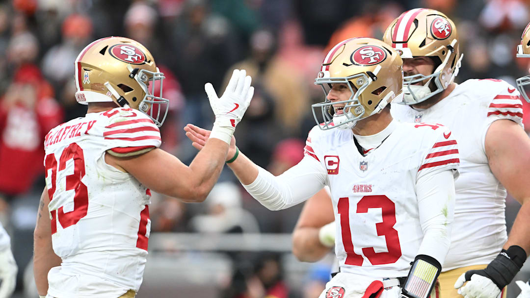 San Francisco 49ers running back Christian McCaffrey and quarterback Brock Purdy celebrate a touchdown San Francisco 49ers running back Christian McCaffrey and quarterback Brock Purdy celebrate a touchdown