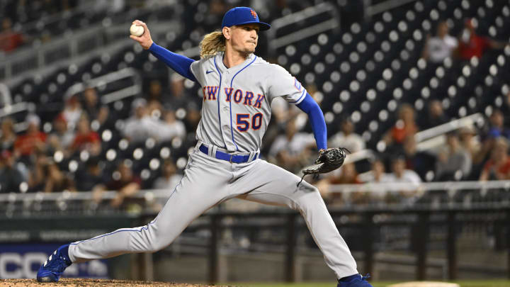 Sep 6, 2023; Washington, District of Columbia, USA; New York Mets relief pitcher Phil Bickford (50) throws to the Washington Nationals during the ninth inning at Nationals Park. Mandatory Credit: Brad Mills-USA TODAY Sports