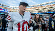 San Francisco 49ers quarterback Mac Jones (10) walks off the field after a week 9 game between New York Giants and San Francisco 49ers at MetLife Stadium on Sunday, Nov. 2, 2025.