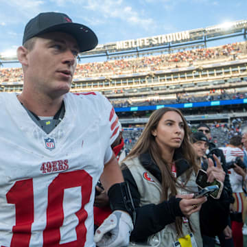 San Francisco 49ers quarterback Mac Jones (10) walks off the field after a week 9 game between New York Giants and San Francisco 49ers at MetLife Stadium on Sunday, Nov. 2, 2025.