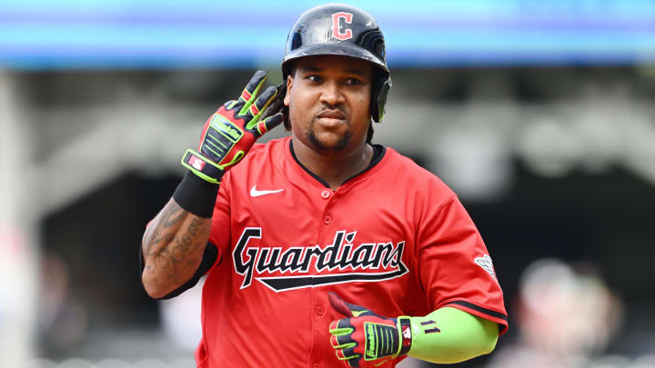 Aug 7, 2024; Cleveland, Ohio, USA; Cleveland Guardians third baseman Jose Ramirez (11) rounds the bases after hitting a home run during the sixth inning against the Arizona Diamondbacks at Progressive Field. Mandatory Credit: Ken Blaze-USA TODAY Sports