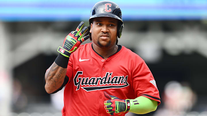 Aug 7, 2024; Cleveland, Ohio, USA; Cleveland Guardians third baseman Jose Ramirez (11) rounds the bases after hitting a home run during the sixth inning against the Arizona Diamondbacks at Progressive Field. Mandatory Credit: Ken Blaze-Imagn Images