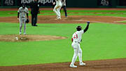 Oct 17, 2024; Cleveland, Ohio, USA; Cleveland Guardians outfielder Jhonkensy Noel (43) reacts after a two-run home run against New York Yankees pitcher Luke Weaver (30) during the ninth inning in game 3 of the American League Championship Series at Progressive Field. Mandatory Credit: David Dermer-Imagn Images