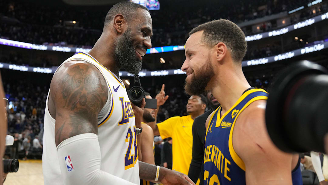 Jan 27, 2024; San Francisco, California, USA; Los Angeles Lakers forward LeBron James (left) and Golden State Warriors guard Stephen Curry (right) greet each other after the game at Chase Center. Mandatory Credit: Darren Yamashita-Imagn Images