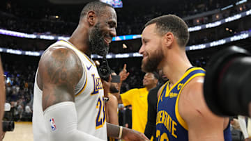 Jan 27, 2024; San Francisco, California, USA; Los Angeles Lakers forward LeBron James (left) and Golden State Warriors guard Stephen Curry (right) greet each other after the game at Chase Center. Mandatory Credit: Darren Yamashita-Imagn Images