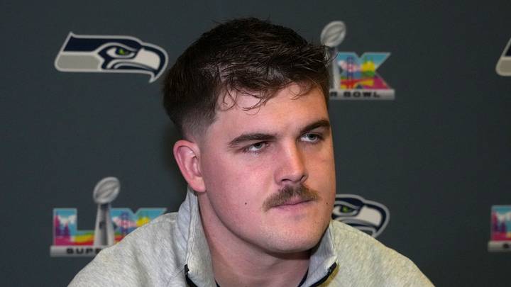 Seattle Seahawks guard Grey Zabel speaks to the media