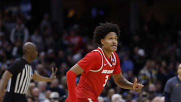 Mar 21, 2025; Cleveland, OH, USA; New Mexico Lobos guard Tru Washington (3) reacts in the second half against the Marquette Golden Eagles during the NCAA Tournament First Round at Rocket Arena. Mandatory Credit: Rick Osentoski-Imagn Images