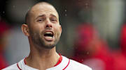 May 4, 2025; Cincinnati, Ohio, USA;  Cincinnati Reds pitcher Nick Martinez (28) reacts from the dugout during the game against the Washington Nationals in the fifth inning at Great American Ball Park. Mandatory Credit: Aaron Doster-Imagn Images