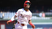 Sep 3, 2025; Washington, District of Columbia, USA; Washington Nationals shortstop Nasim Nunez (26) reacts while rounding the bases after hitting a solo home run against the Miami Marlins during the second inning at Nationals Park