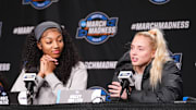 LSU Lady Tigers forward Angel Reese and guard Hailey Van Lith take questions from the media during March Madness. 