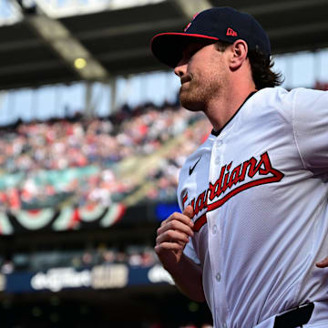 Apr 8, 2024; Cleveland, Ohio, USA; Cleveland Guardians starting pitcher Shane Bieber (57) is introduced before a game against the Chicago White Sox at Progressive Field. Mandatory Credit: David Dermer-Imagn Images