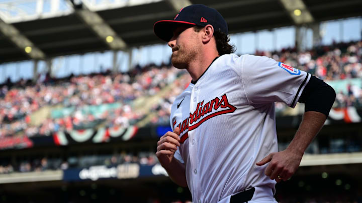 Apr 8, 2024; Cleveland, Ohio, USA; Cleveland Guardians starting pitcher Shane Bieber (57) is introduced before a game against the Chicago White Sox at Progressive Field. Mandatory Credit: David Dermer-Imagn Images