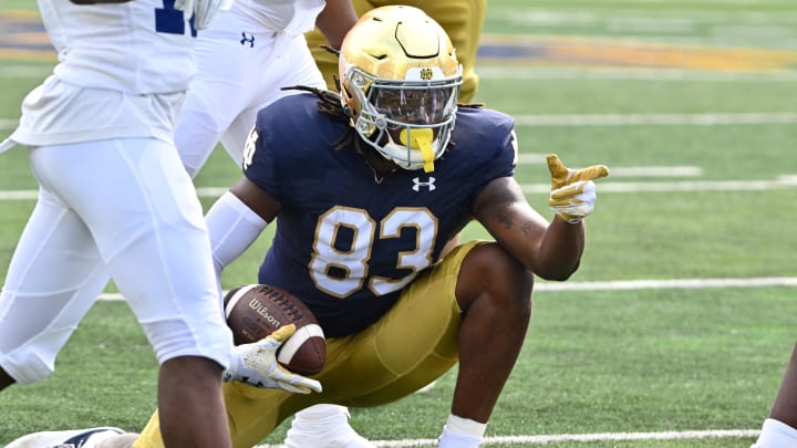 Sep 2, 2023; South Bend, Indiana, USA; Notre Dame Fighting Irish wide receiver Jayden Thomas (83) signals for a first down in the second quarter against the Tennessee State Tigers at Notre Dame Stadium.