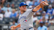 Sep 21, 2025; Kansas City, Missouri, USA; Toronto Blue Jays starting pitcher Trey Yesavage (39) delivers a pitch against the Kansas City Royals during the first inning at Kauffman Stadium.