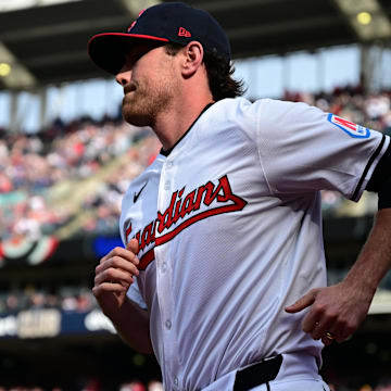 Apr 8, 2024; Cleveland, Ohio, USA; Cleveland Guardians starting pitcher Shane Bieber (57) is introduced before a game against the Chicago White Sox at Progressive Field. Mandatory Credit: David Dermer-Imagn Images