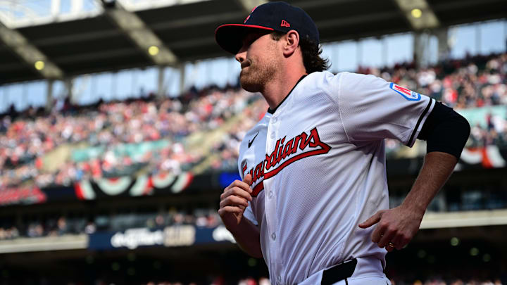 Apr 8, 2024; Cleveland, Ohio, USA; Cleveland Guardians starting pitcher Shane Bieber (57) is introduced before a game against the Chicago White Sox at Progressive Field. Mandatory Credit: David Dermer-Imagn Images