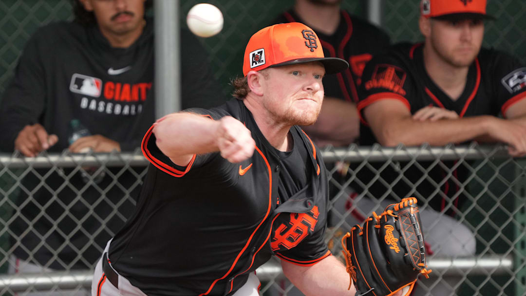Feb 13, 2025; Scottsdale, AZ, USA; San Francisco Giants pitcher Logan Webb (62) throws in the bullpen during spring training camp. Feb 13, 2025; Scottsdale, AZ, USA; San Francisco Giants pitcher Logan Webb (62) throws in the bullpen during spring training camp.