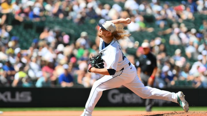 Seattle Mariners relief pitcher Ryne Stanek (45) pitches to the Baltimore Orioles during the seventh inning at T-Mobile Park. 