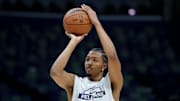 Oct 27, 2025; New Orleans, Louisiana, USA; New Orleans Pelicans forward Trey Murphy III warms up before a game against the Boston Celtics at Smoothie King Center. Mandatory Credit: Matthew Hinton-Imagn Images