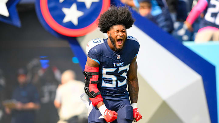 Oct 13, 2024; Nashville, Tennessee, USA;  Tennessee Titans linebacker Ernest Jones, IV screams during pregame warmups against the Indianapolis Colts at Nissan Stadium. Mandatory Credit: Steve Roberts-Imagn Images
