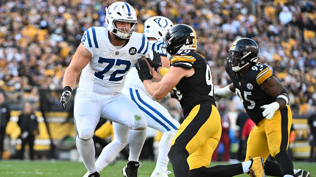 Nov 2, 2025; Pittsburgh, Pennsylvania, USA;  Indianapolis Colts offensive tackle Braden Smith (72) looks to block Pittsburgh Steelers linebacker T.J. Watt (90) during the first half at Acrisure Stadium. Mandatory Credit: Barry Reeger-Imagn Images