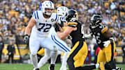 Nov 2, 2025; Pittsburgh, Pennsylvania, USA;  Indianapolis Colts offensive tackle Braden Smith (72) looks to block Pittsburgh Steelers linebacker T.J. Watt (90) during the first half at Acrisure Stadium. Mandatory Credit: Barry Reeger-Imagn Images