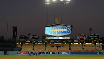Oct 16, 2025; Los Angeles, California, USA; A general view of the outfield after game three of the NLCS round for the 2025 MLB playoffs at Dodger Stadium. Mandatory Credit: Kirby Lee-Imagn Images