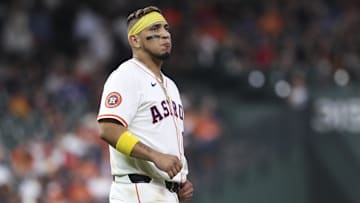 Jul 8, 2025; Houston, Texas, USA; Houston Astros third baseman Isaac Paredes (15) stands on the field after a play during the game against the Cleveland Guardians at Daikin Park.