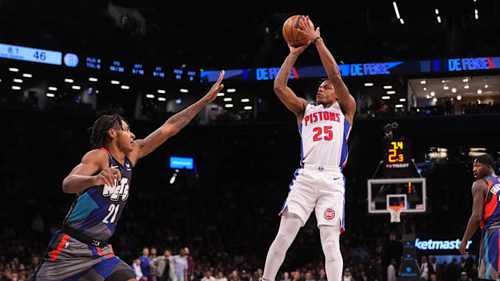 Apr 6, 2024; Brooklyn, New York, USA; Detroit Pistons guard Marcus Sasser (25) shoots a jump shot against Brooklyn Nets forward Noah Clowney (21) during the first half at Barclays Center. Mandatory Credit: Gregory Fisher-Imagn Images