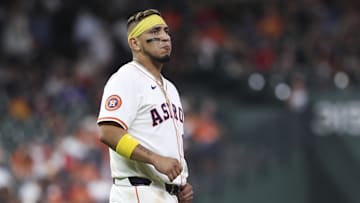 Jul 8, 2025; Houston, Texas, USA; Houston Astros third baseman Isaac Paredes (15) stands on the field after a play during the game against the Cleveland Guardians at Daikin Park. Mandatory Credit: Troy Taormina-Imagn Images