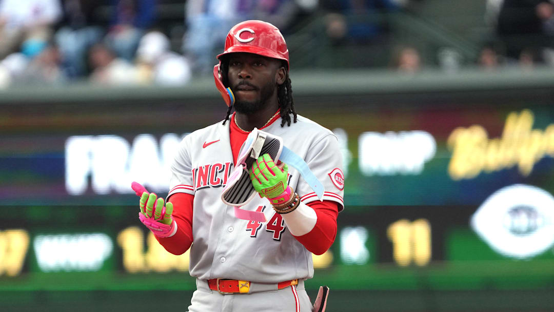 May 7, 2026; Chicago, Illinois, USA; Cincinnati Reds shortstop Elly de la Cruz (44) gestures after hitting a double against the Chicago Cubs during the seventh inning at Wrigley Field. Mandatory Credit: David Banks-Imagn Images