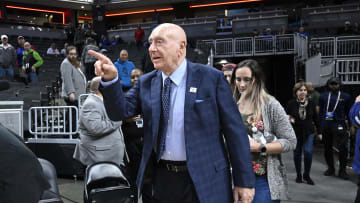 Nov 15, 2022; Indianapolis, Indiana, USA;  Dick Vitale steps onto the court before the game between the Michigan State Spartans and the Kentucky Wildcats at Gainbridge Fieldhouse. Mandatory Credit: Marc Lebryk-USA TODAY Sports