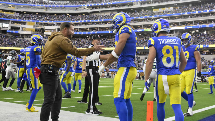 Nov 19, 2023; Inglewood, California, USA; Los Angeles Rams wide receiver Puka Nacua (17) celebrates with head coach Sean McVay after scoring a touchdown in the second quarter against the Seattle Seahawks at SoFi Stadium. Mandatory Credit: Robert Hanashiro-USA TODAY Sports | Robert Hanashiro-USA TODAY Sports