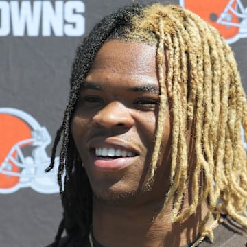 May 9, 2025; Berea, OH, USA; Cleveland Browns running back Quinshon Judkins (10) talks to the media during rookie camp at CrossCountry Mortgage Campus. Mandatory Credit: Ken Blaze-Imagn Images