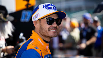 May 24, 2024; Indianapolis, Indiana, USA; IndyCar Series driver Kyle Larson during Carb Day final practice for the Indianapolis 500 at Indianapolis Motor Speedway. 