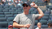 Dan Hurley gets ready to throw the first pitch at a Yankee game on July 6
