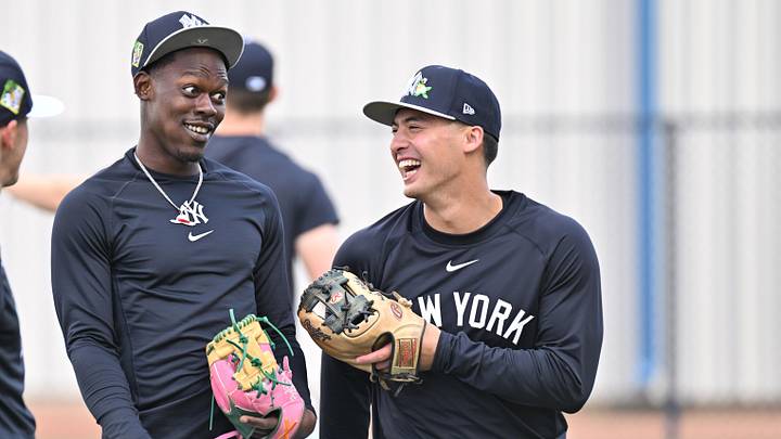 Feb 16, 2026; Tampa, FL, USA; New York Yankees infielder Anthony Volpe (11) and infielder Jazz Chisholm Jr. (13) take a break during spring training at George M. Steinbrenner Field. Mandatory Credit: Jonathan Dyer-Imagn Images