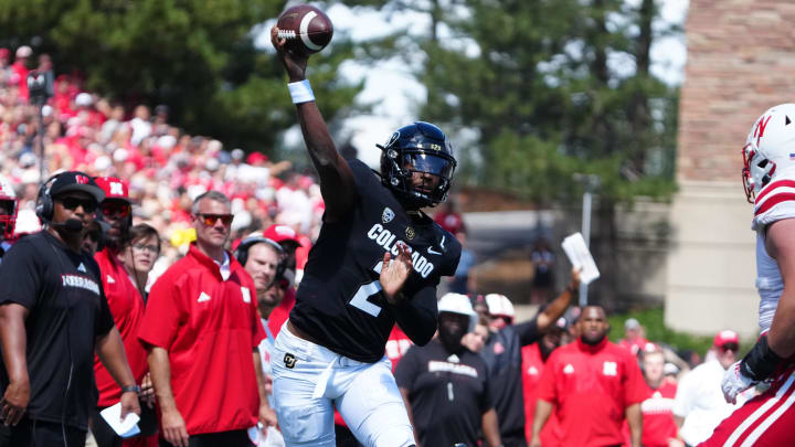 Sep 9, 2023; Boulder, Colorado, USA; Colorado Buffaloes quarterback Shedeur Sanders (2) throws a pass in the fourth quarter against the Nebraska Cornhuskers at Folsom Field.