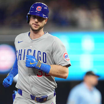 May 21, 2025; Miami, Florida, USA;  Chicago Cubs designated hitter Kyle Tucker (30) rounds the bases after a solo home run in the first inning against the Miami Marlins at loanDepot Park. 
