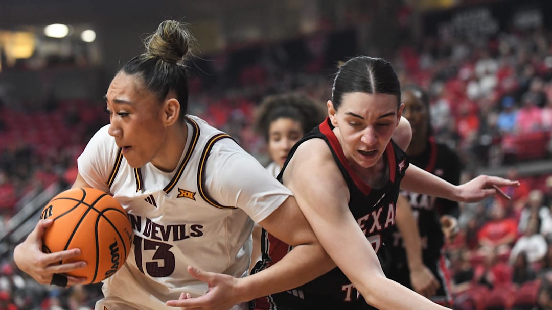 Arizona State's Last-Tear Poa grabs a rebound away from Texas Tech's Gemma Nunez in a Big 12 women's basketball game Sunday, March 1, 2026, at United Supermarkets Arena.