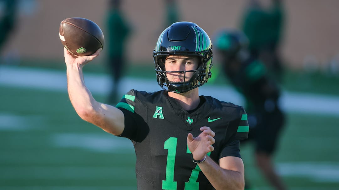 Oct 10, 2025; Denton, Texas, USA; North Texas Mean Green quarterback Drew Mestemaker (17) warms up prior to a game against the South Florida Bulls at DATCU Stadium. Mandatory Credit: Raymond Carlin III-Imagn Images